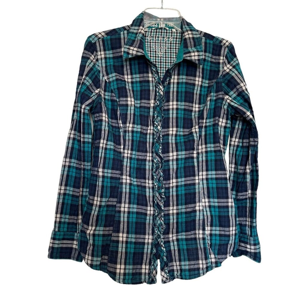 Guess Womens Top Blue‎ Green Large Plaid Woven Ruffle Trim Long Sleeve Blouse